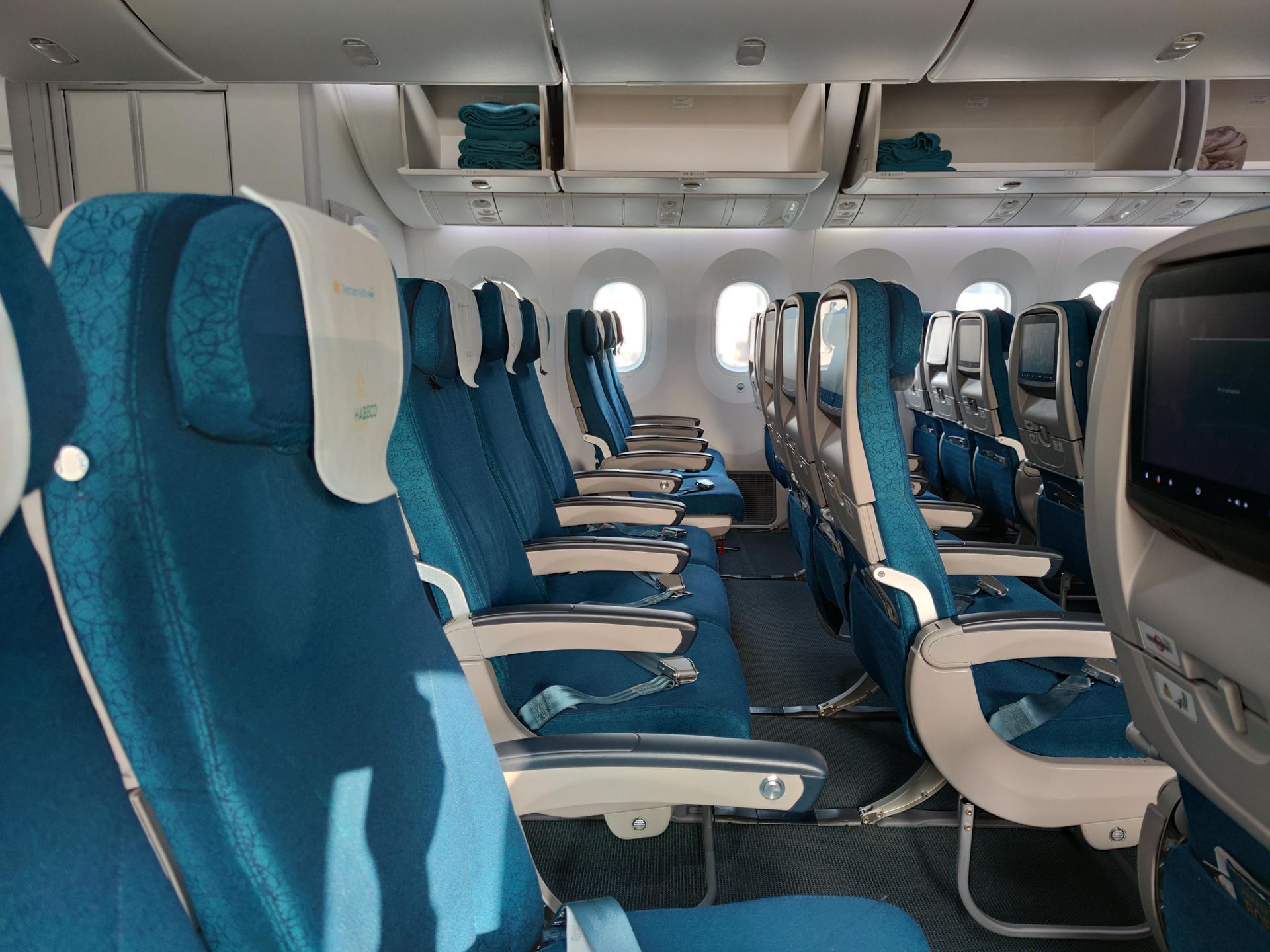 A row of empty blue airplane seats in an economy class cabin on a sunny day